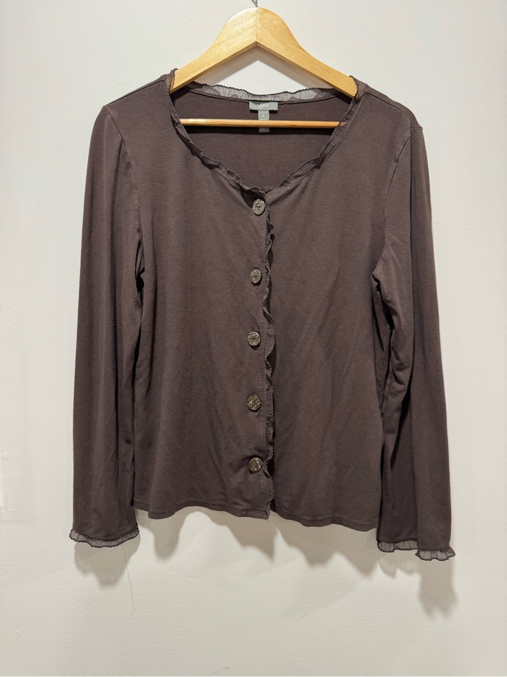 J. Jill Stretch Cardigan Brown Ruffle Trim Button Front Long Sleeve Top Size M